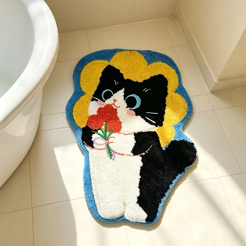 VIKAMA Cartoon Black White Cat Irregular Fluffy Rug Water Absorbent Non Slip Bathroom Entryway Decor Floor Mat Home Decor