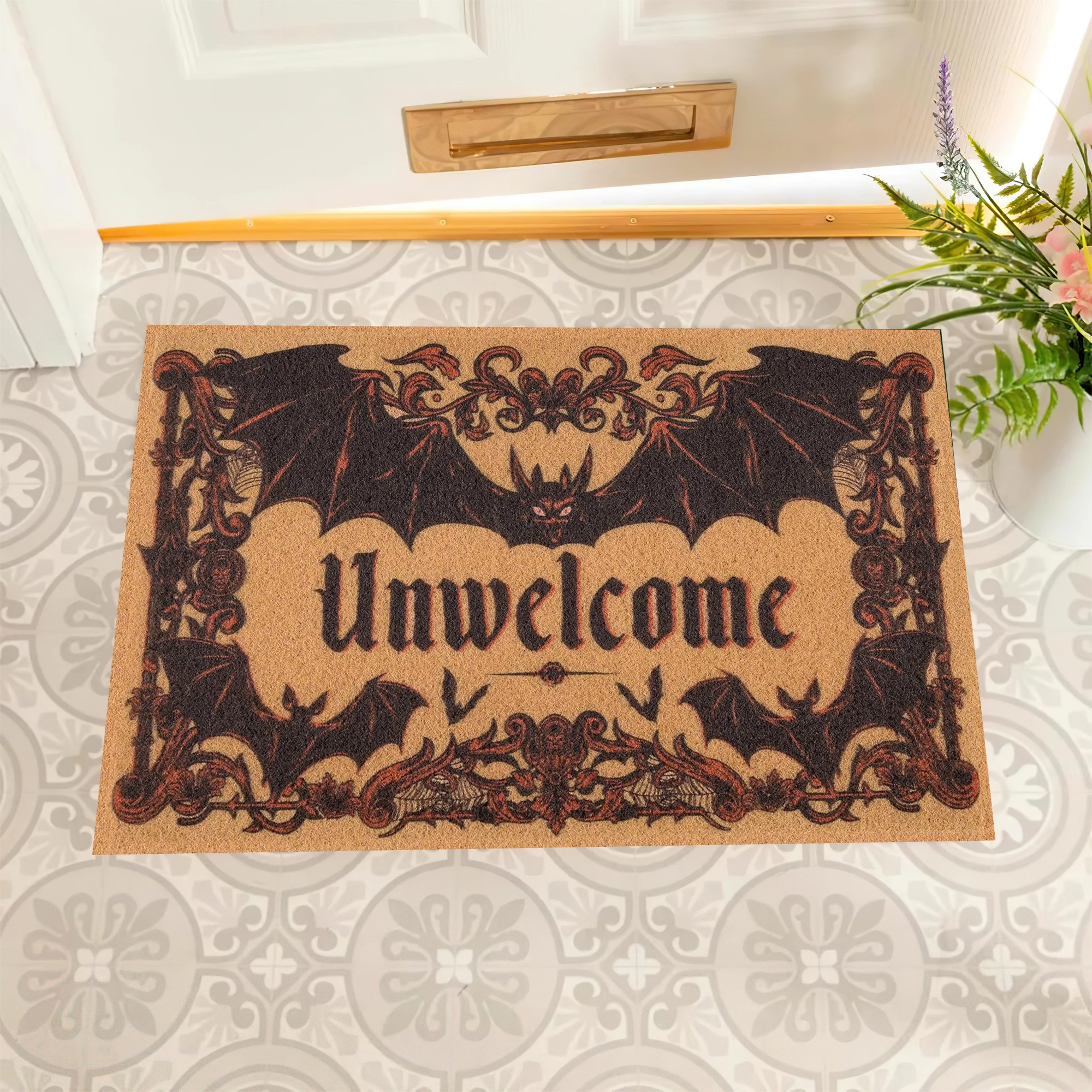 Unwelcome Bat Doormat المطاط عدم الانزلاق الكلمة الحصير للمدخل مخيف هالوين سجادة باب سجاد المطبخ الداخلي