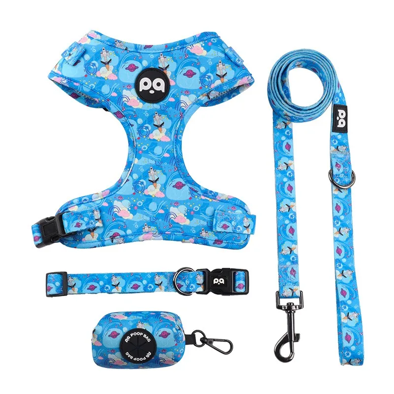 Dog harness collar leash, bracket with poo bag 4 sets, adjustable non-pull soft net cushion back heart, combination