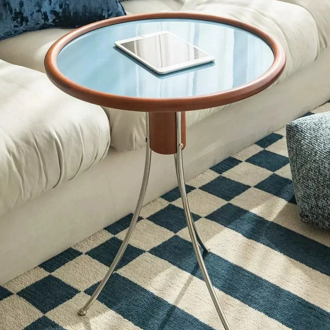 Round glass coffee table rubber wood retro edge table home living room balcony