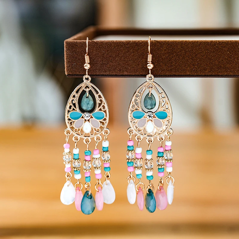 Vintage ethnische lange Tropfen Öl Blume Perlen Quaste Ohrringe für Frauen Boho Gold Farbe hohle Acryl Wasser Tropfen baumeln Ohrringe – Detail 14
