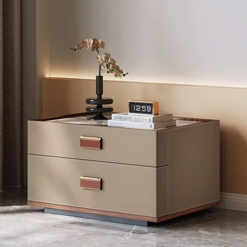 Italian minimalist rock slab bedside table saddle leather solid wood bedside cabinet bedroom chest cabinet high-end designer loc