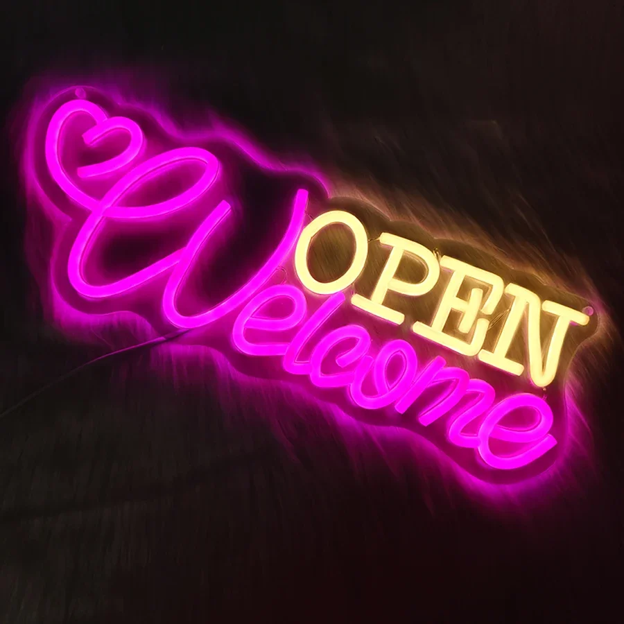 

Приветственный открытый неоновый знак, цветная светодиодная лампа с буквами, используемая для декора стен, бара, магазина, кафе, салона, гостиницы, настенного светильника с бизнес-вывеской.