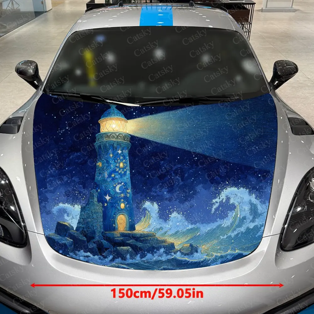 Lighthouse In The Sea Car Vinyl Wrap - Vibrant Pattern Design, Splash-Resistant PVC Decal For Engine Hood, Easy Removal & Durabl