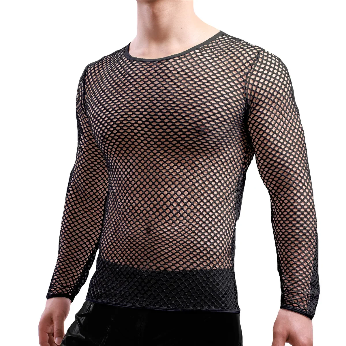 

Mens Transparent Sexy Mesh T Shirts See Through Fishnet Long Sleeve Muscle Undershirts Nightclub Party Perform Tops Tees Clothes