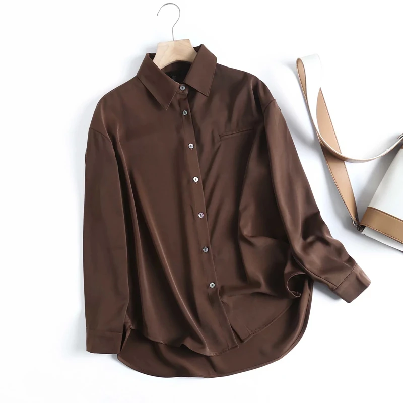 Maxdutti England Office Lady Casual Long Sleeve Blouse Women 2023 Korean Style Simple Fashion Satin Silk Shirt Women  Tops