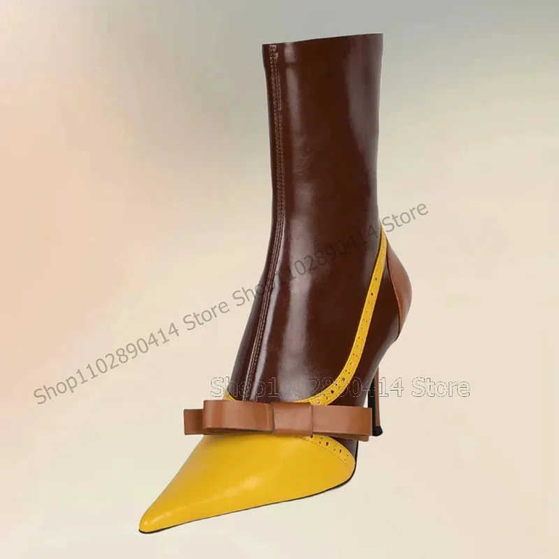 

Mixed Color Bow Knot Carving Design Boots Side Zipper Women Shoes Thin High Heels Party Banquet Runway 2026 Zapatos Para Mujere