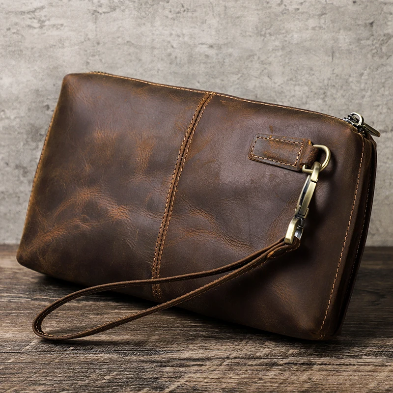 CONTACT\'S-Bolso de mano Vintage para hombre, cartera de mano de cuero genuino RFID, monedero largo informal, bolso de viaje de gran capacidad