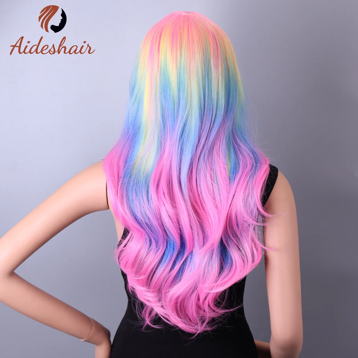 Tęczowa peruka syntetyczna dla kobiety długie włosy typu body wave Cosplay Lolita Party naturalne peruki termoodporne włókno codzienne włosy