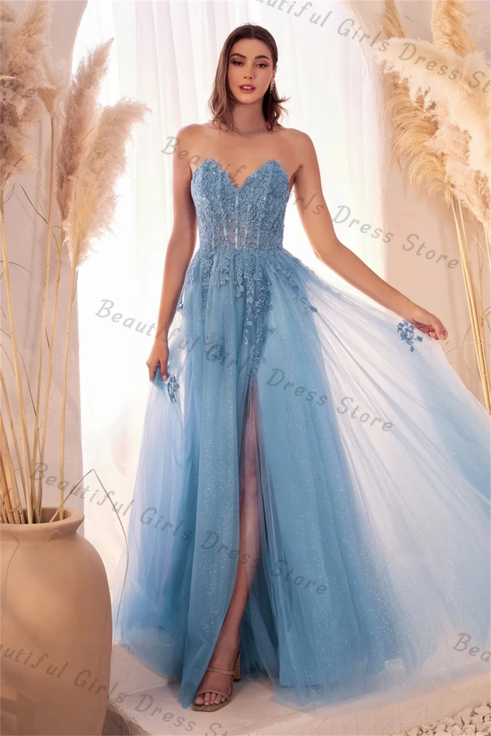 

Tulle Sweetheart Sleeveless Prom Dresses With Split Sheer Corser Lace Appliques Formal Evening Party A-line Long Ball Gowns