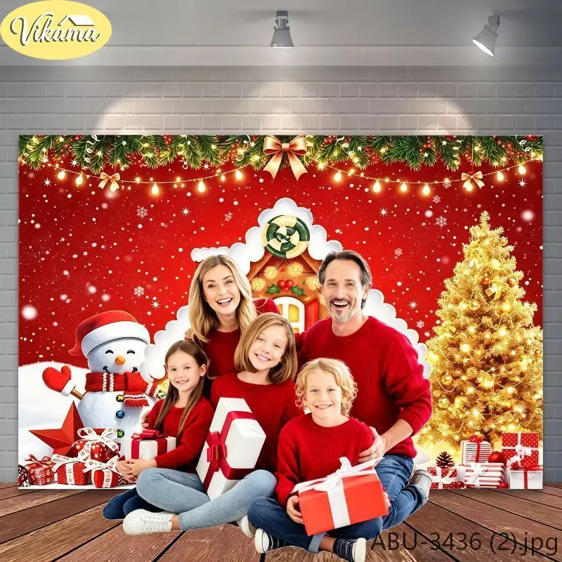 VIKAMA Photography Background Christmas Red Snowman Cabin Scene Photo Backdrop Family Party Birthday Festival Home Decor