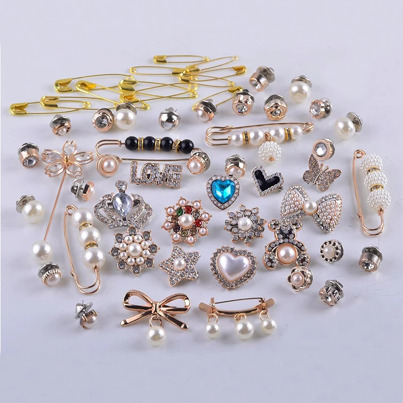 55pcs/set Metal Charms Pins Kit Gold Bling Jewelry Pearl Charms Pins Pearl Rhinestone Pins for Jewelry DIY Brooch Making