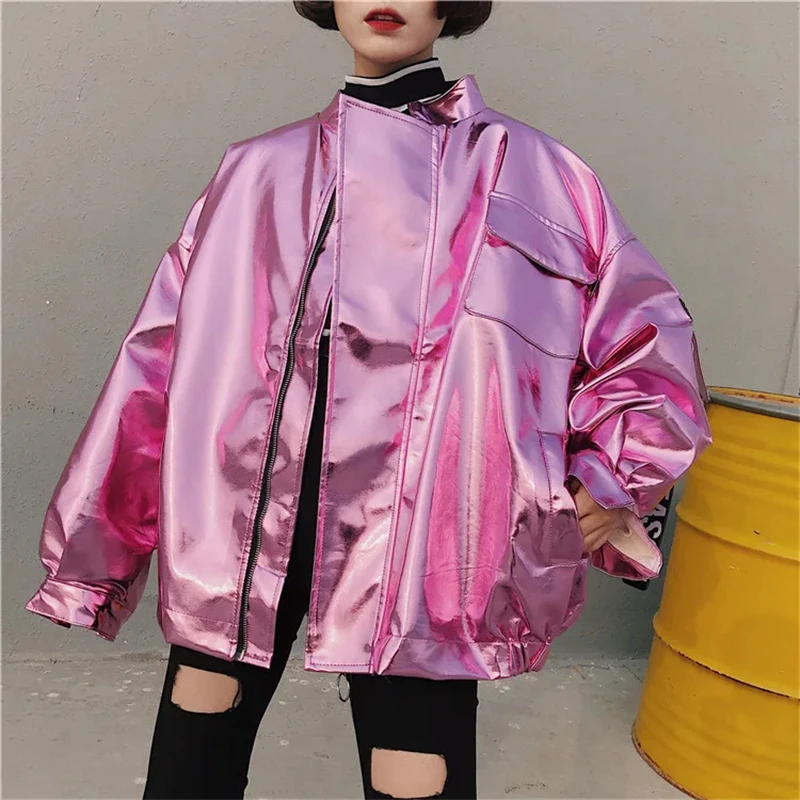 Flash Sale 2018 Autumn Women Street Loose Metal Color Silver Pink Stand Neck Coat Punk Party Fashion Jacket Limited Supply