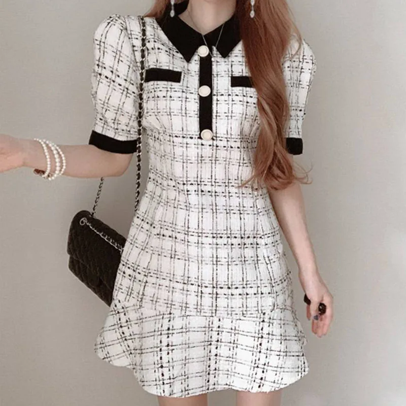 Rétro Chic col montant t-shirt bouton coupe ajustée bulle Sve ourlet à volants Dr couleur Blo taille haute ort été Dr