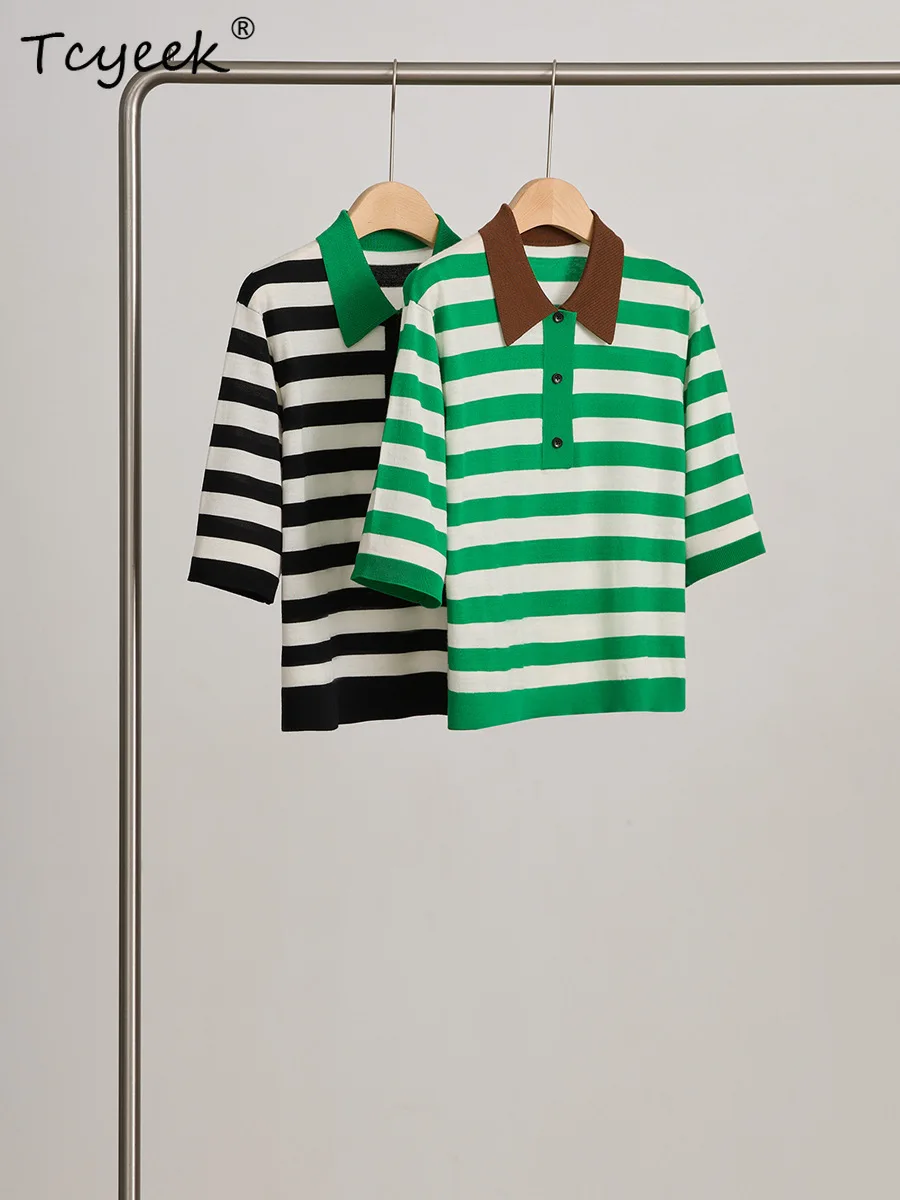 Tcyeek, 100%Sheep Wool Casual Knitted T-Shirt, Women Polo Collar Short Sleeve, Stripe Chic Top, 2024 Summer Autumn T48412QM