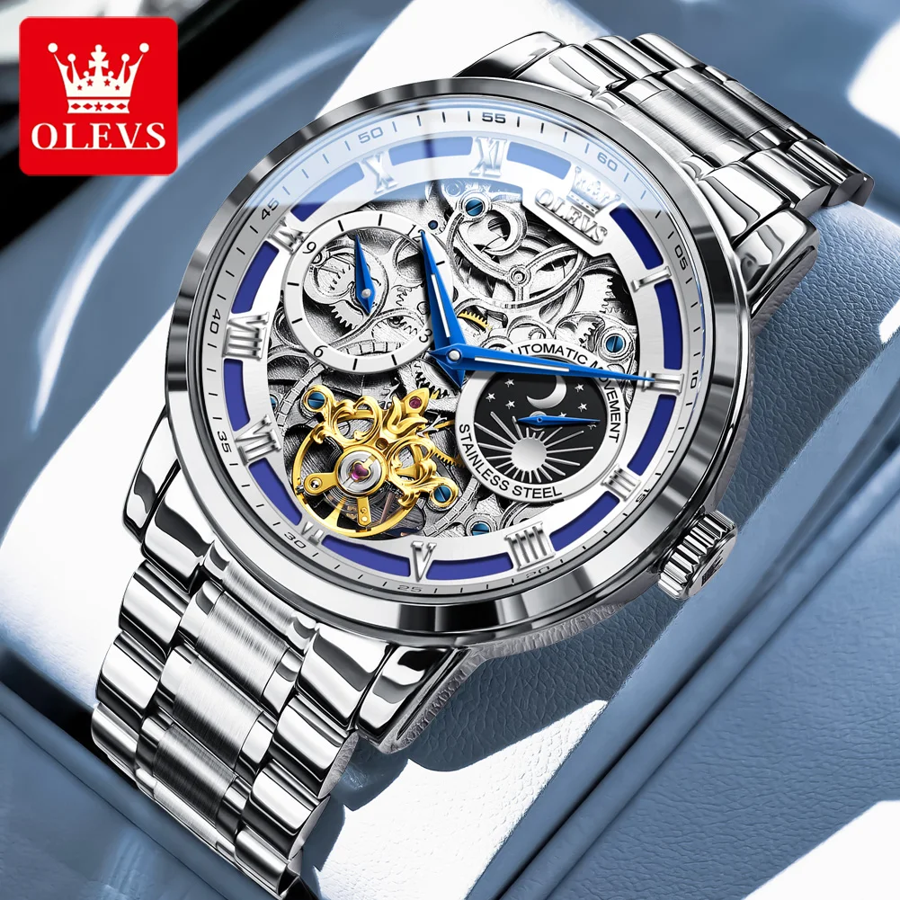 

OLEVS 6670 Автоматические мужские часы 44 мм с большим циферблатом и скелетонизированным маховиком из нержавеющей стали, деловые роскошные механические часы