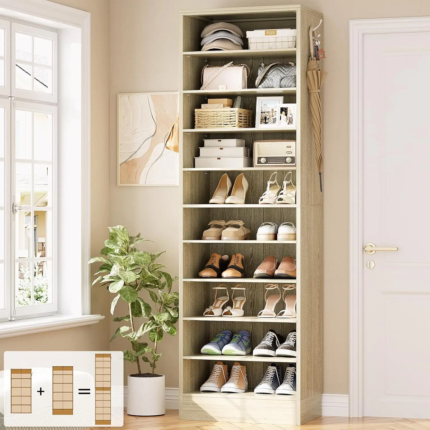 10 Tiers Narrow Wood Shoe Rack,Tall Shoe Storage Cabinet,White Oak, Customized