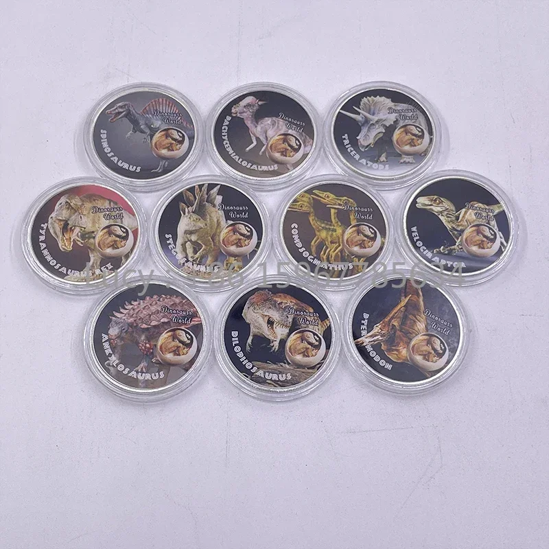 NEW style 10 models Jurassic-world dinosaur coin set collectible silver color plated coin in stock Hot for boy's birthday gift