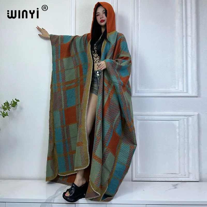 WINYI Africa Classic plaid print Winter Hooded cardigan kimono party dress Female abaya winter outfits for women long down coat