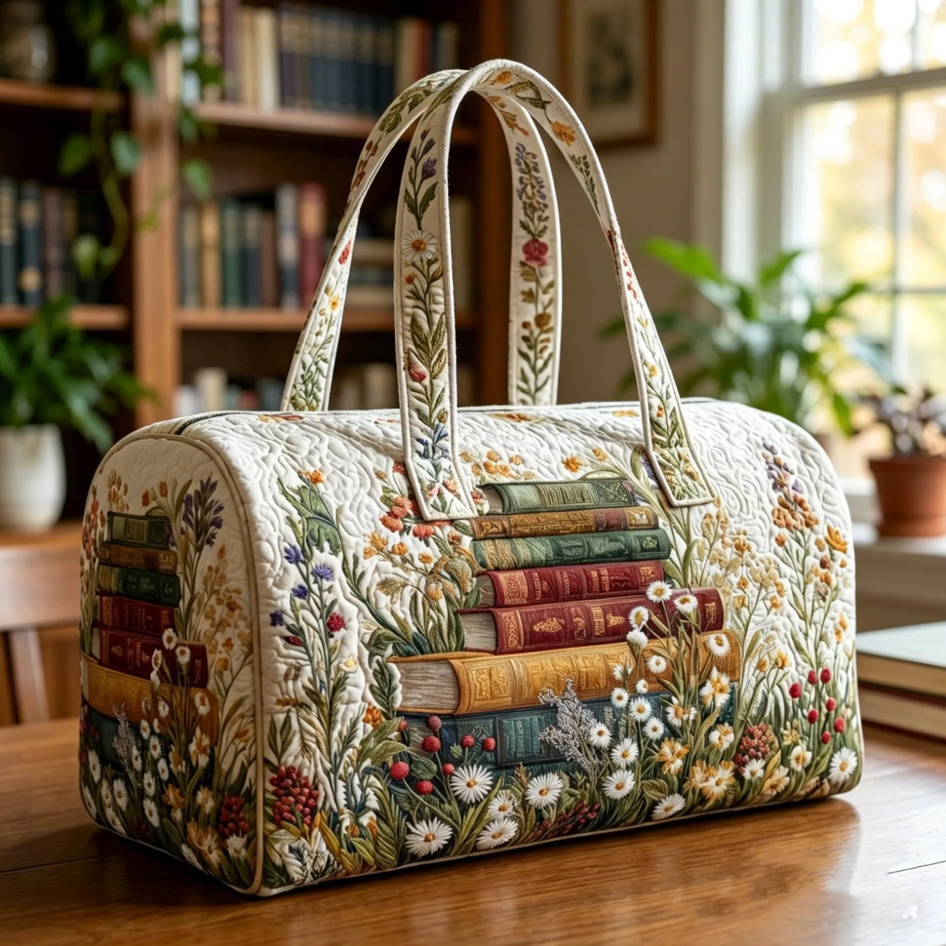 

Vintage Book Wildflower Quilted Duffel Bag Library Floral Print Large Capacity Tote Handbag Weekend Travel Bag