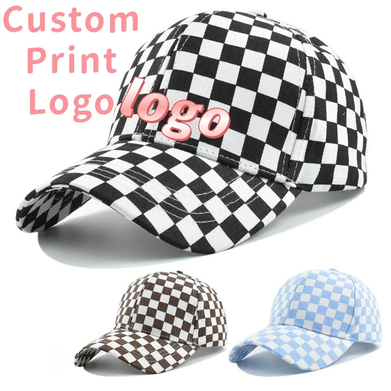 Customized Printed Logo Baseball Caps Plaid  Adjustable Outdoor Snapback Hat Travel Beach Anti-Sun Peaked Cap
