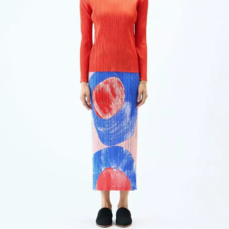 ISSEY 2026 New Arrival Women's Tailored Fit Slimming Print Split Mid-Length Pleated Skirt