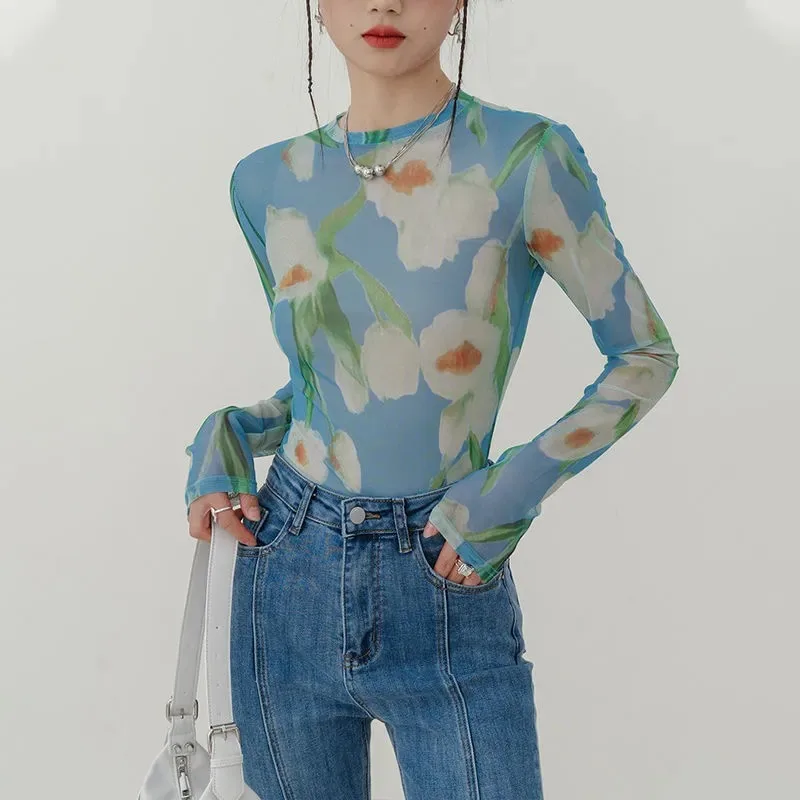 Tulip Print Mesh T-shirt Women Summer New Transparent Slim Long Sleeve Base Tops Y2k Aesthetic Sun-protective Tees Ropa