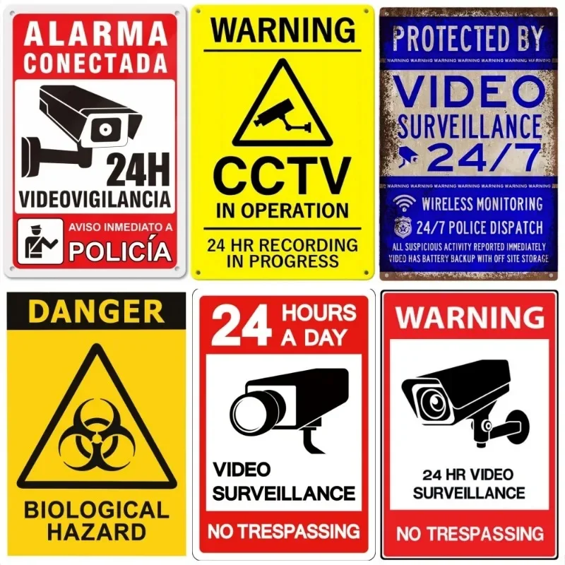 HD Metal Tin Sign Vintage 24/7 Video Surveillance & Warning Wall Decor Retro CCTV Biological Hazard Spanish Sign for Home Bus