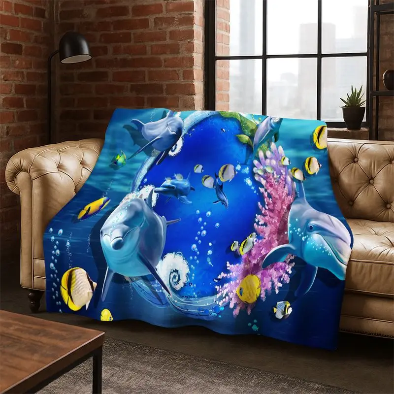 3D Illusion Underwater World Marine Life Shark Dolphin Cartoon Flannel Blanket Throw Blanket for Bedroom Living Room Bed Travel