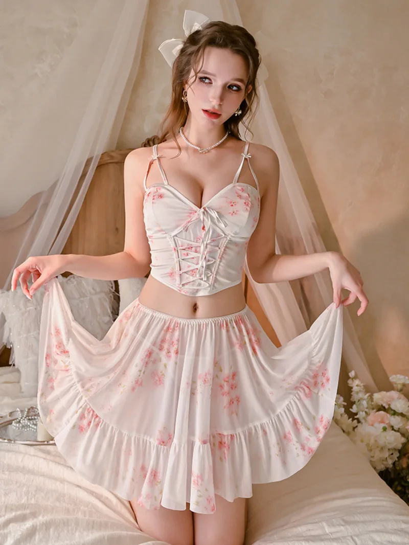 

Sexy Dress Floral Printed Camisole Short Skirt Mesh Backless Deep V Suspenders Sleeveless Skirt Sets Charming Pure Desire 4FYZ