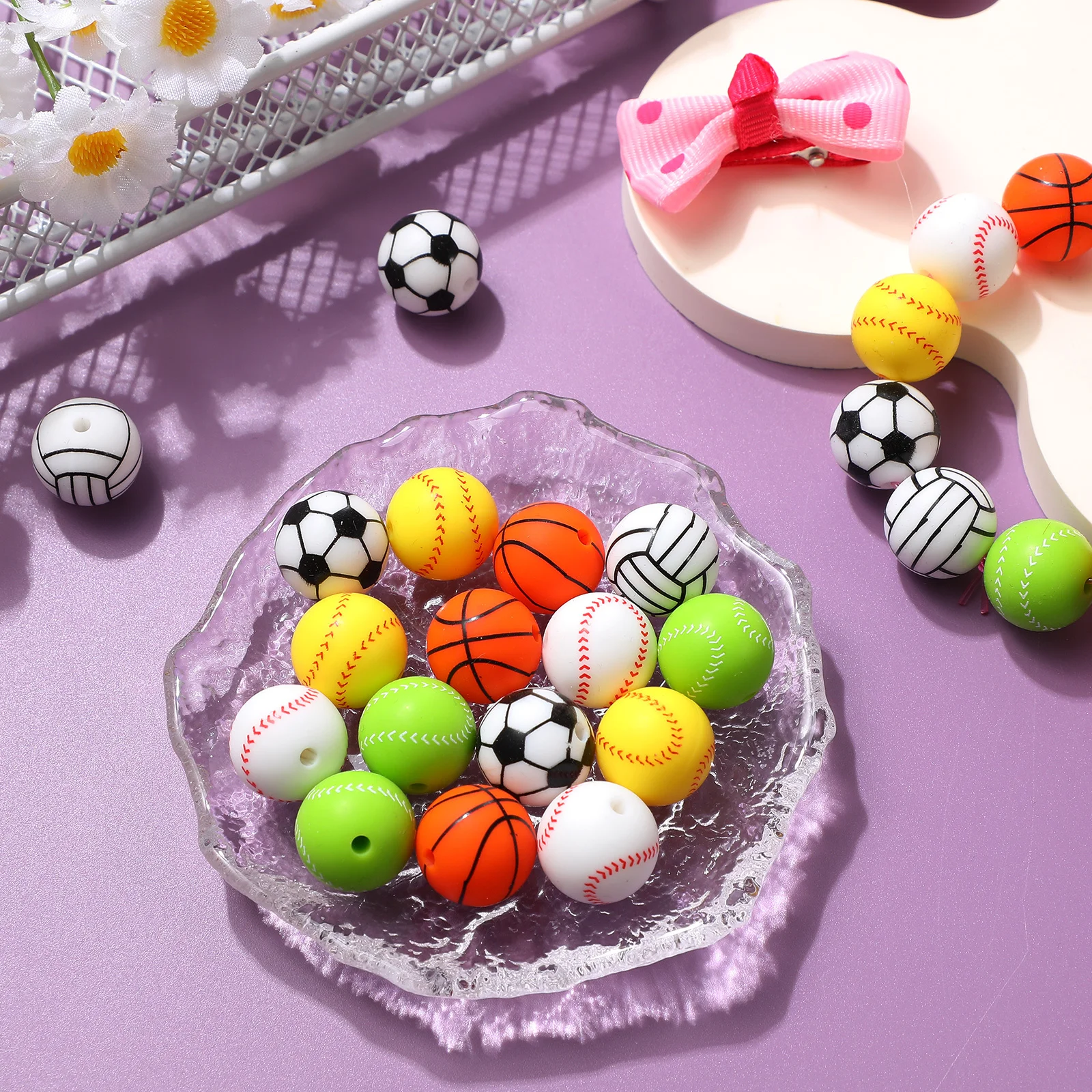 

30Pcs Silicone Sports Ball Beads for Jewelry Making Basketball Baseball Soccer Charms Durable Loose Spacer Beads