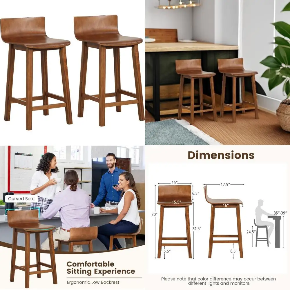 طقم مقاعد بار بارتفاع مضاد على طراز المزرعة مكون من قطعتين مع ظهر منخفض ومسند للقدمين وكراسي طعام خشبية بدون ذراعين #1