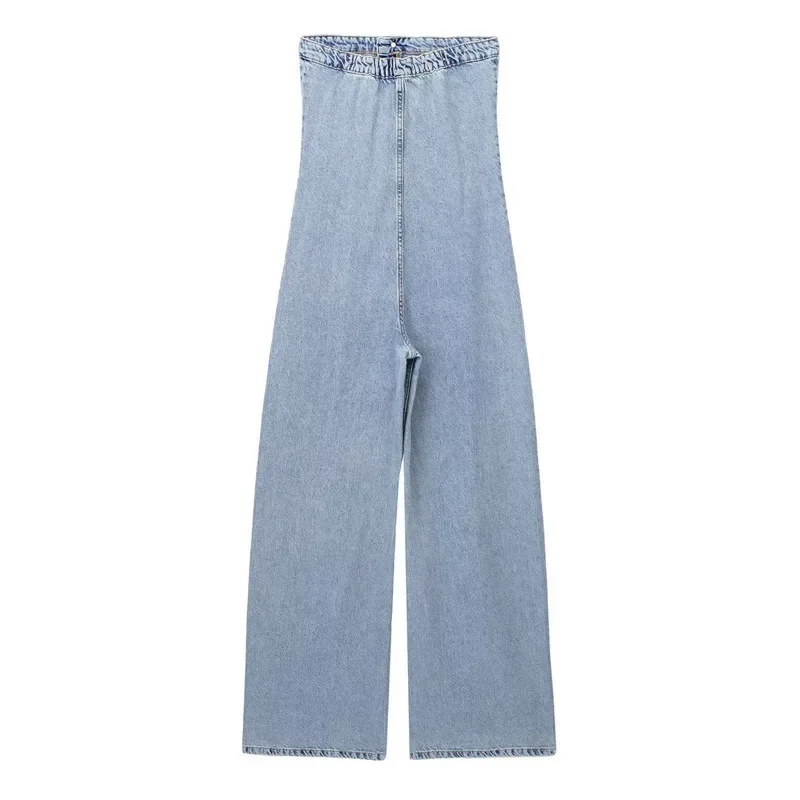 Women Denim Jumpsuit Sexy Sleeveless Off Shoulder Denim Psuits Button Decoration Straight Full   High Waist Wide Leg Playsuits