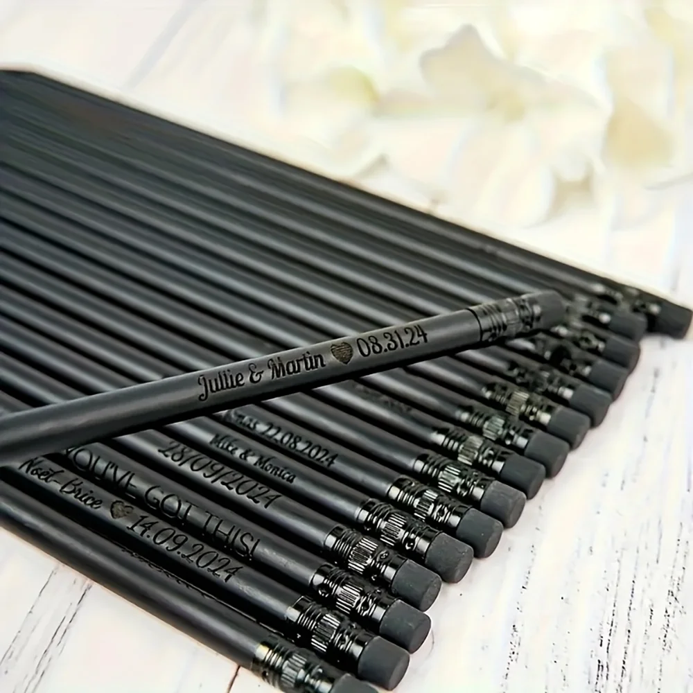 13Pcs/27Pcs/35Pcs/43Pcs Personalized Custom Logo Pencils with Laser-Engraved Name and Date - High-Quality Smooth Black Wooden Round Pencils, Black Wooden Promotional Pencils, Hb Writing and Sketching Pencils, Stationery, Suitable for Weddings, Engagements, Party Gifts, Writing, Drawing, and Sketching |   Durable and High-Quality Artist Graphite Core |   Professional Appearance