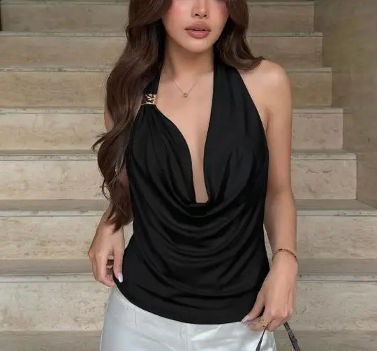 

Top Women 2026 Spring Summer New Fashionable and Sexy Backless Hanging Neck Solid Color Casual Slim Fit Daily Crop Vest Top