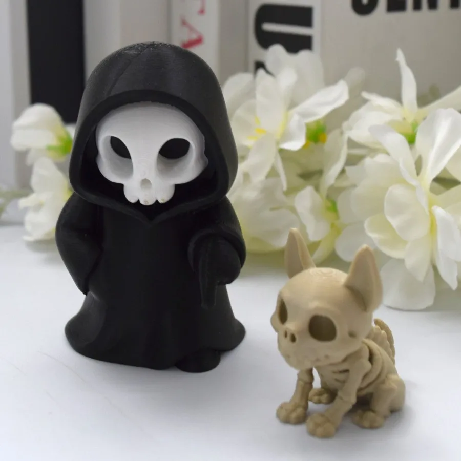 2-teiliges Set aus Sensenmann- und Skeletthund-Figuren, Dark-Fantasy-Schreibtischdekoration, gotisches Dekorationsgeschenk für Totenkopf-Liebhaber – Detail 5