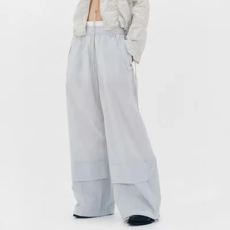 Women's Elastic Waist Wide Leg Pants, Fashionable and Versatile, Pocket Work Pants, Y2K , High Quality, Summer, New, 2024