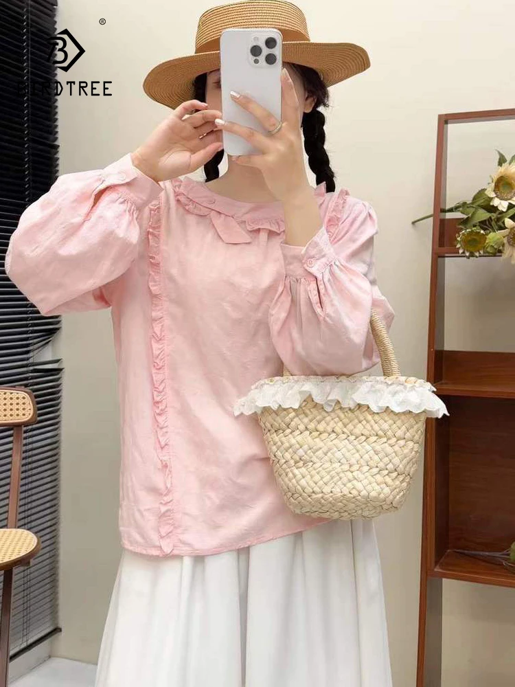 

New 2025 Autumn Cotton Long Sleeve Shirt, Women O Neck Ruffles Patchwork, Mori Girl French Sweet Chic Loose Doll Blouse T59947CC