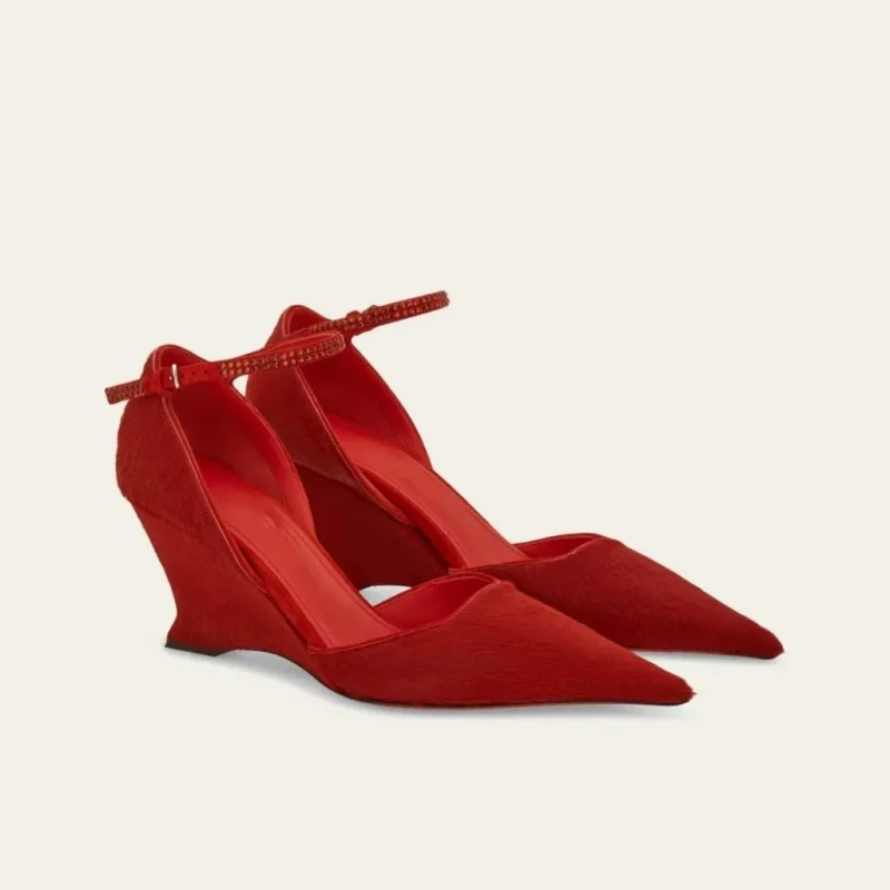 

2025 New Single Shoe Women's Cover Toe Sandals Shallow Mouth Sexy Red High Heels Slope Heel Pointed Large Mary Jane Shoes