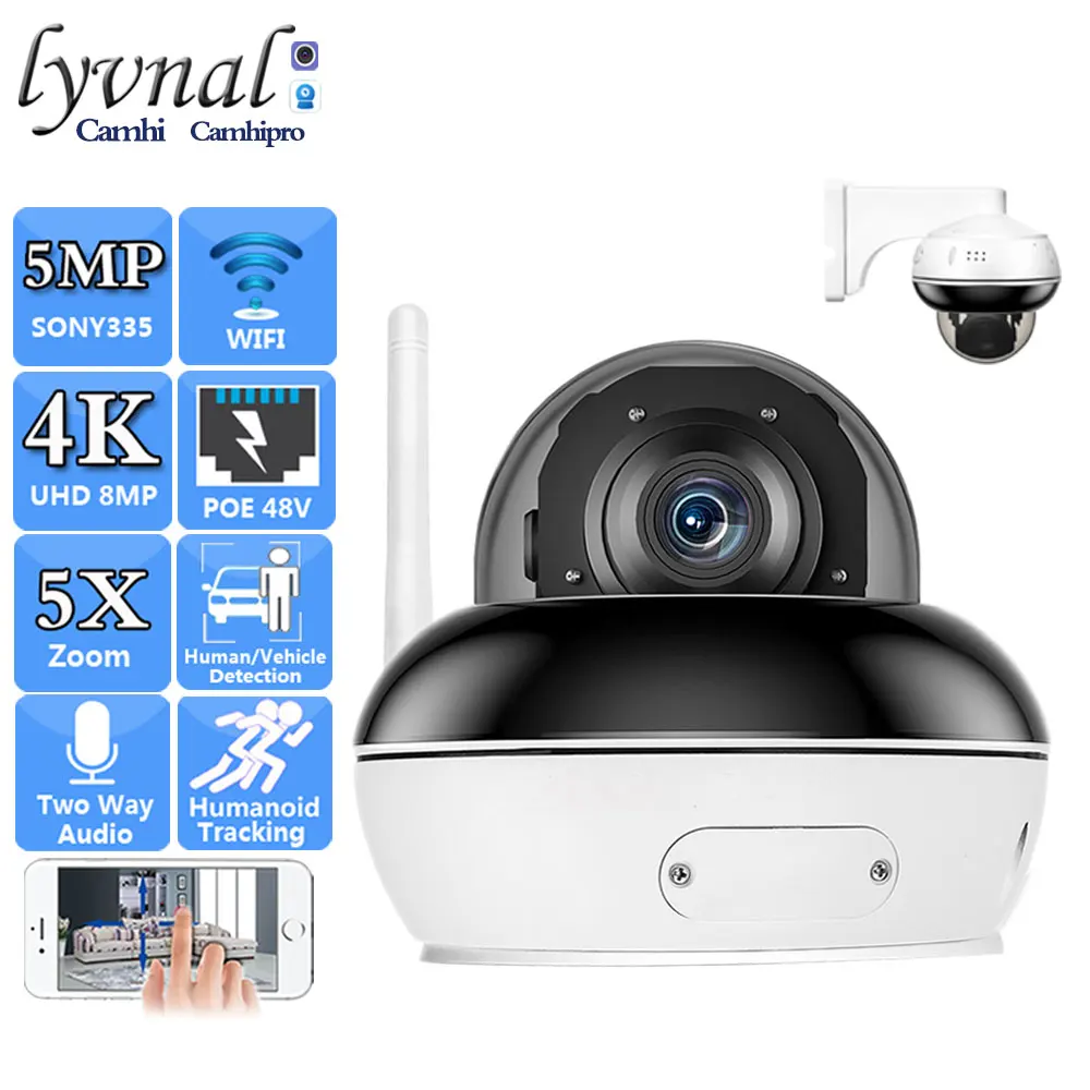 UHD 4K 8MP Sony415 Wireless Security IP Camera Wifi POE PTZ Dome 5MP 5X Zoom Autofocus Human Tracking Two Way Audio IR 30m