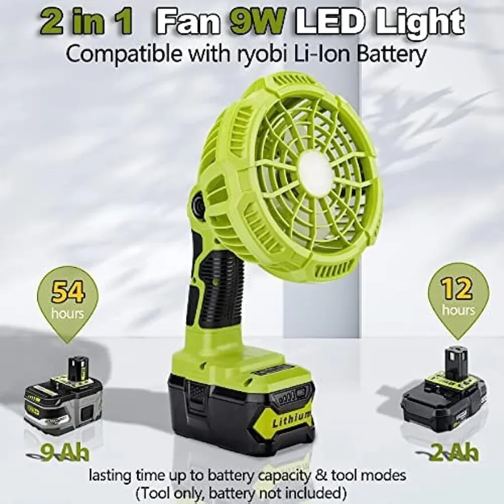 Camping Fan Powered for Ryobi 18V Li-ion Ni-CD Ni-MH Battery, 3 Speed Handheld Fan with Remote, 9W LED Work Light  Travel