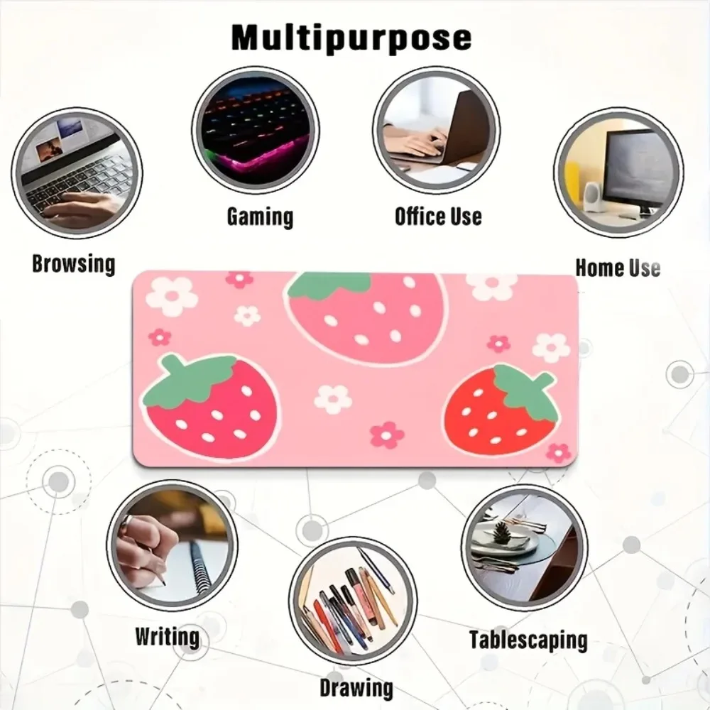 Pink Strawberry Gaming Mouse Pad, Large Non-Slip Rubber Base, Stitched Edge Cute Desk Mat for Office