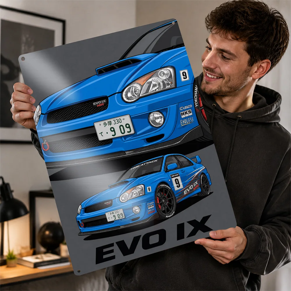 Japan Evo IX Blue Rally Car Aluminum Poster Customized Metal Tin Sign Circuit Champion Style Wall Art Made For Motorsport Fans