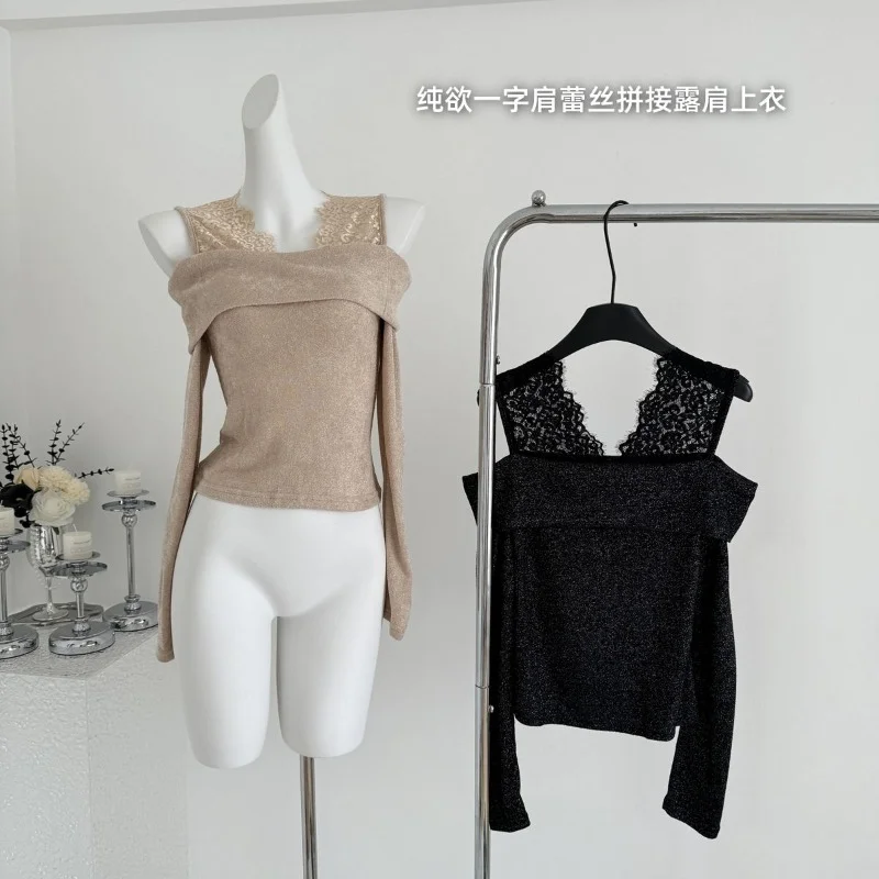 

Sequin Base Knitted Sweater Top for Women with One Shoulder Lace Neck Halter in Autumn High-end Outfit