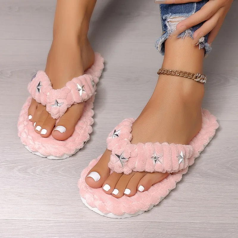 Winter New Trendy Star Decor Round Toe Women's Cotton Slippers 2026 Fashion Solid Clip Toe Lightweight Comfort Warm Women Shoes