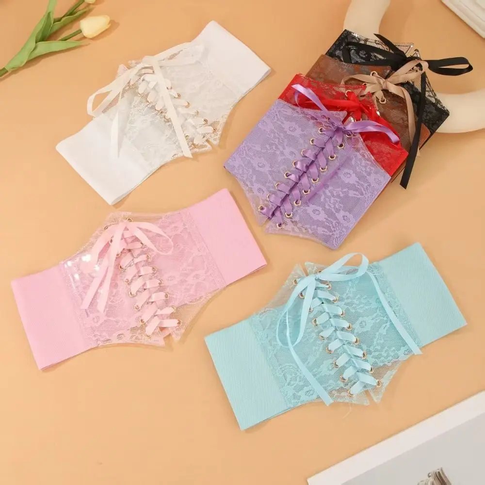 Flower Embroidery Lace-up Corset Belt Transparent Lace Stretchy Elastic Elastic Waistband Punk Style High Waist