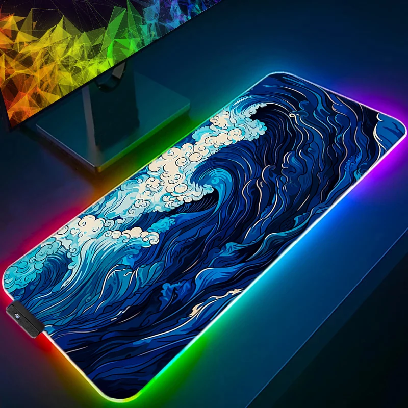 RGB LED Anime Mouse Pad Gamer Keyboard Pad Sea Wave Desk Mouse Mat Carpet Rubber Tapis Souris Gaming Notbook PC Mousepad
