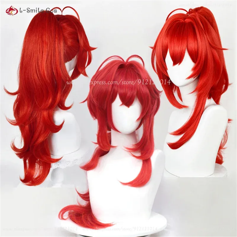 Peluca de Cosplay Diluc Ragnvindr de 3 estilos, peluca de Cosplay de Anime roja con cola de caballo, pelo sintético resistente al calor para Halloween + gorro de peluca