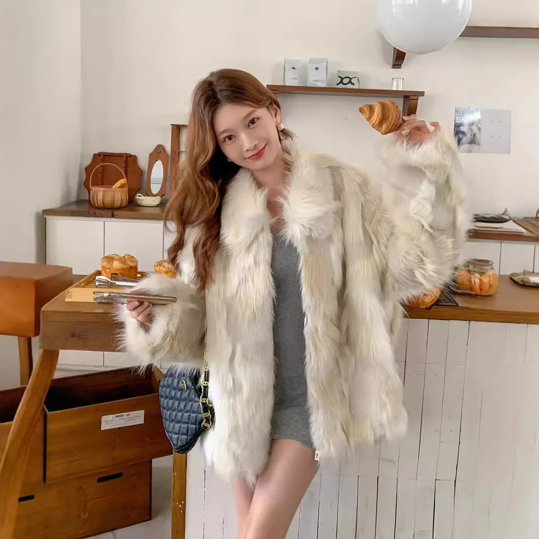 Temperamento feminino inverno imitação de pele outwear lapela gola de pelúcia chique senhora casaco de pele artificial elegante feminino jaqueta de pele do falso