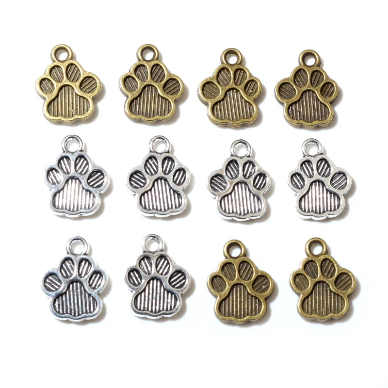 40 Uds. 15x11mm Chapado en plata de bronce gato o huella de perro hecho a mano colgante DIY accesorios de fabricación de joyas
